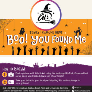 Halloween tickets for Al's Pizza tricky treasure hunt