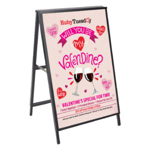 Mockup of an A-Frame Poster designed for Ruby Tuesday's Valentines Day 2022 promotion with unique hand-lettered title and photo illustration.