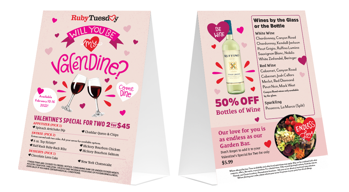 Mockup of an the table tent menu designed for Ruby Tuesday's Valentines Day 2022 promotion with unique hand-lettered title and photo illustration.