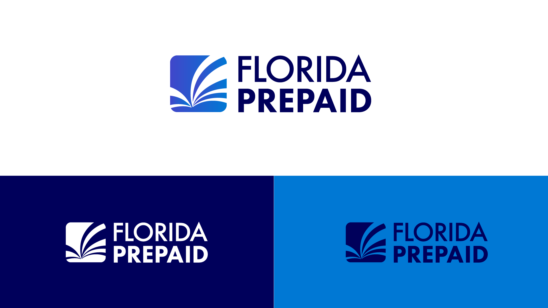 Image displaying the new Florida Prepaid logo in three different color stages, full color, single white color and another option with just a dark blue color.