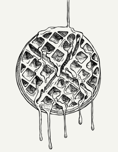 Pen illustration of black and white Waffle with syrup dripping down for Metro Diner.